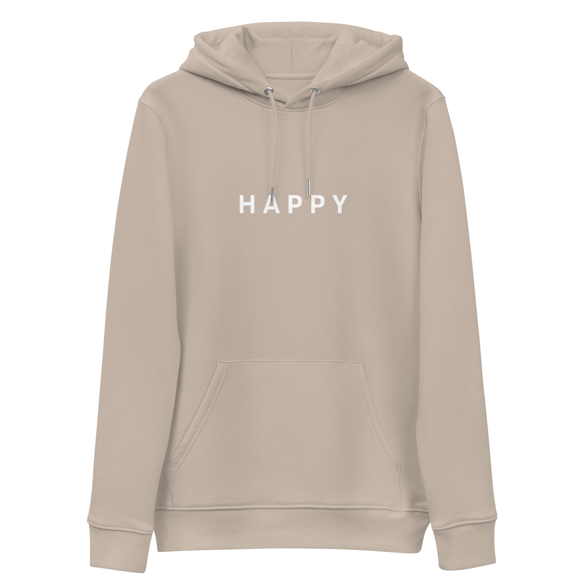 front desert dust Happy Hoodie from Yebber, featuring minimalist embroidery on a soft, eco-friendly fabric – statement clothing for those who spread good vibes.
