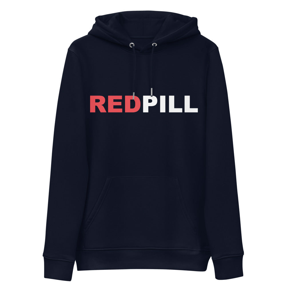 front navy Red Pill Hoodie from Yebber, featuring bold red and white typography symbolizing awakening – statement clothing for truth seekers.
