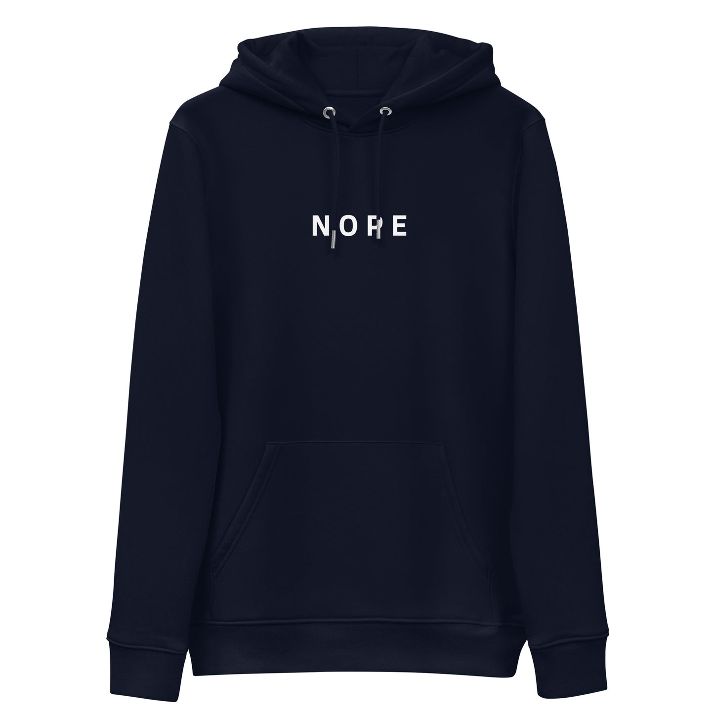 navy Nope Hoodie from Yebber, featuring bold minimalist text on an eco-friendly hoodie – statement clothing for those who stand their ground.