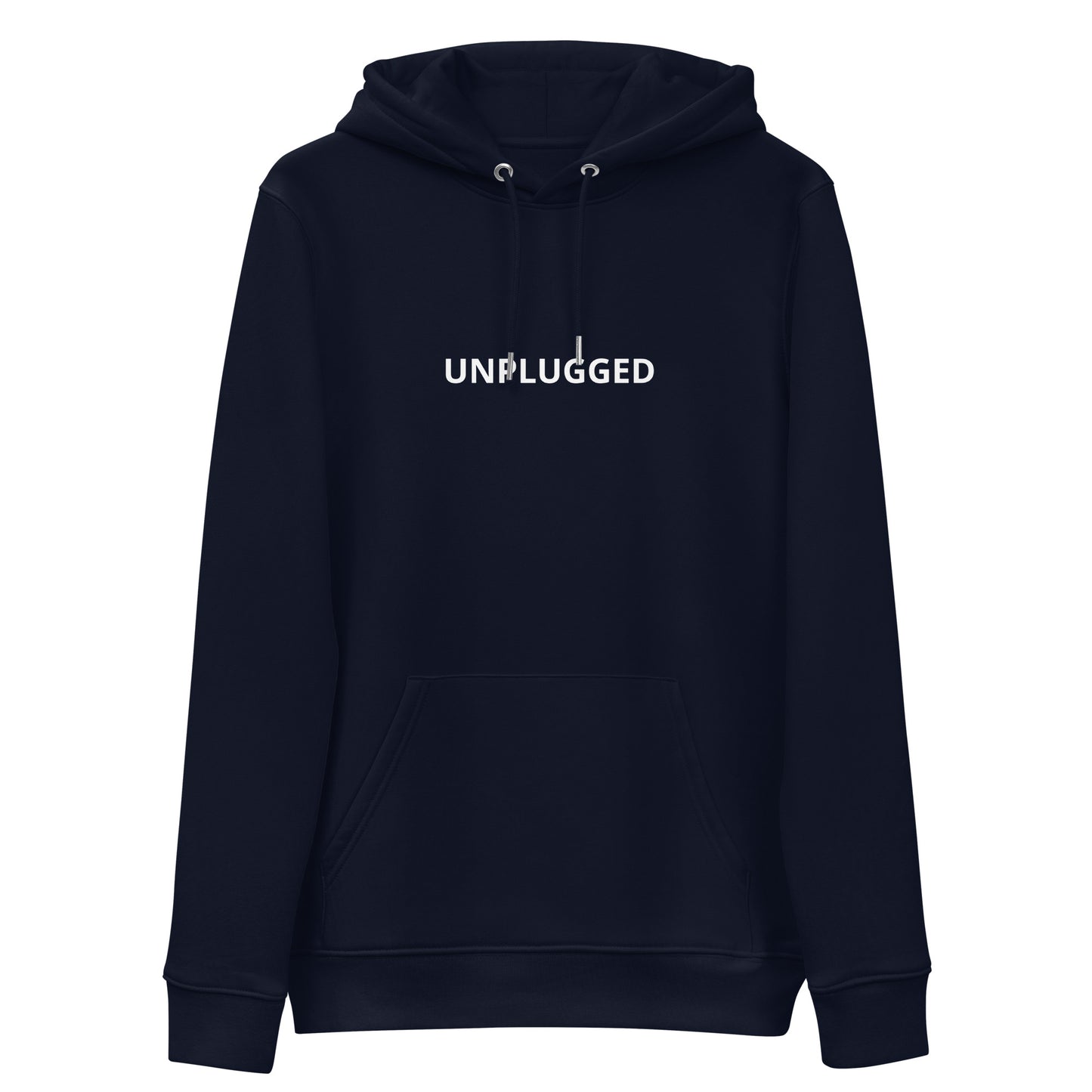 front navy Unplugged Hoodie from Yebber, symbolizing freedom from societal programming – statement clothing for independent thinkers.