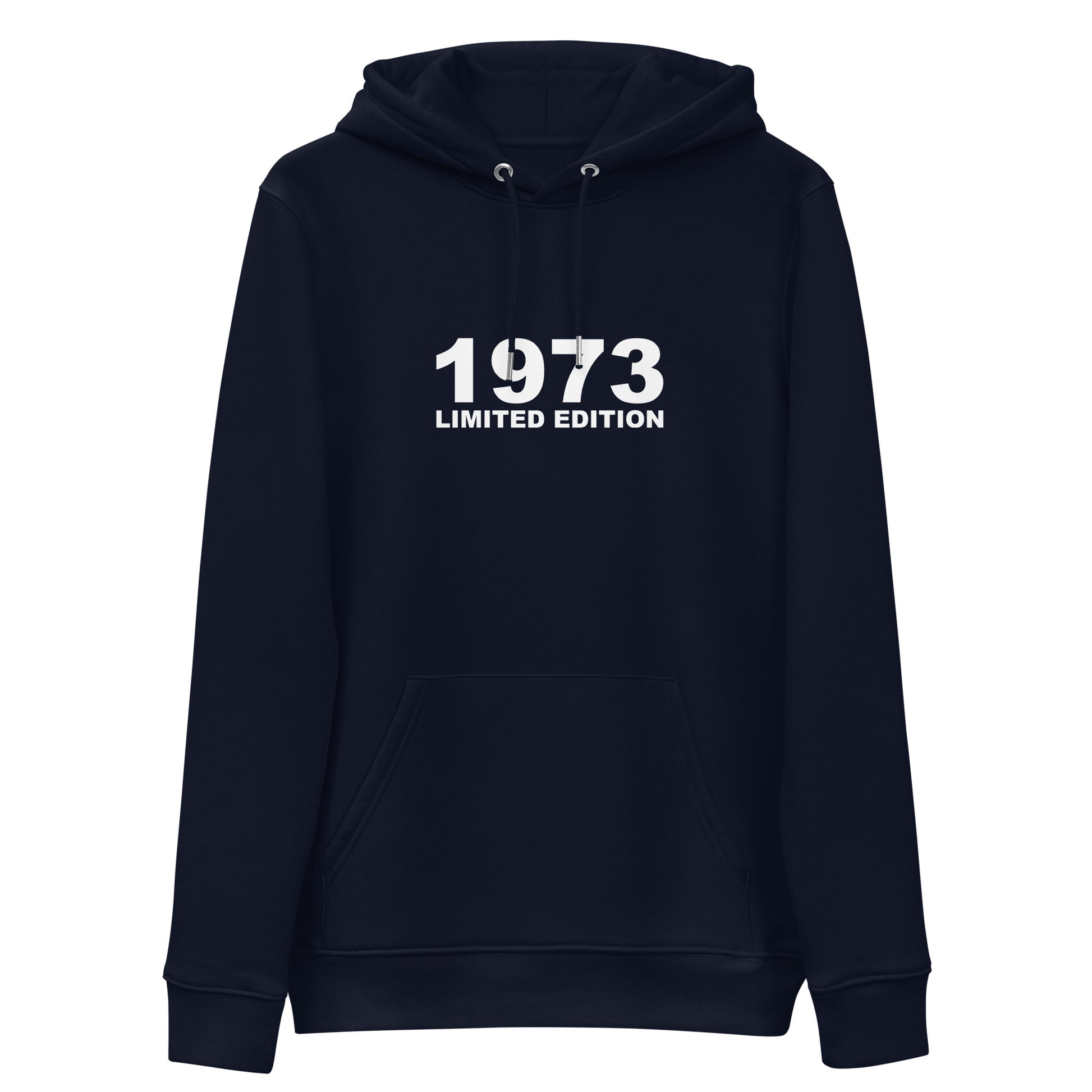 Navy Blue hoodie with white bold text 1973 limited edtion